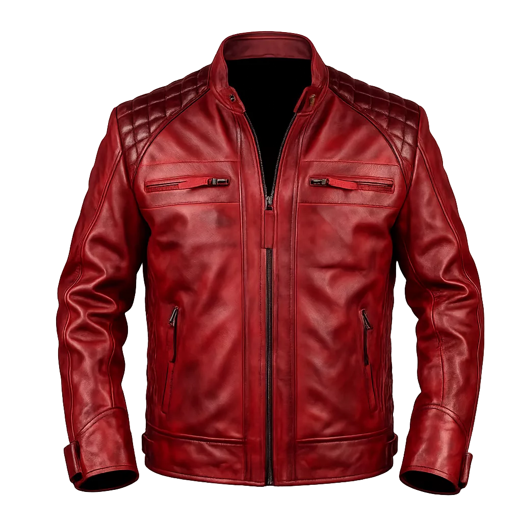 Men’s Red Leather Biker Jacket | Quilted Cafe Racer Style
