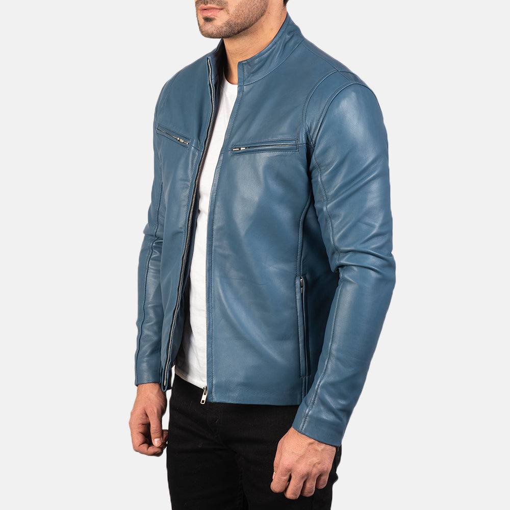 Men’s Light Blue Leather Cafe Racer Jacket | Minimalist Biker Style