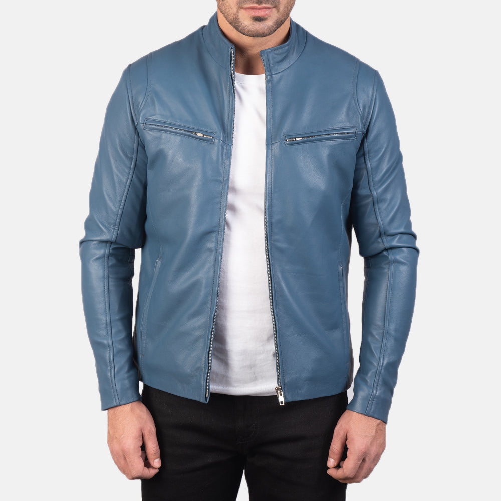 Men’s Light Blue Leather Cafe Racer Jacket | Minimalist Biker Style