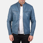 Men’s Light Blue Leather Cafe Racer Jacket | Minimalist Biker Style