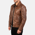 Men’s Brown Leather Casual Zip Jacket with Chest Pocket