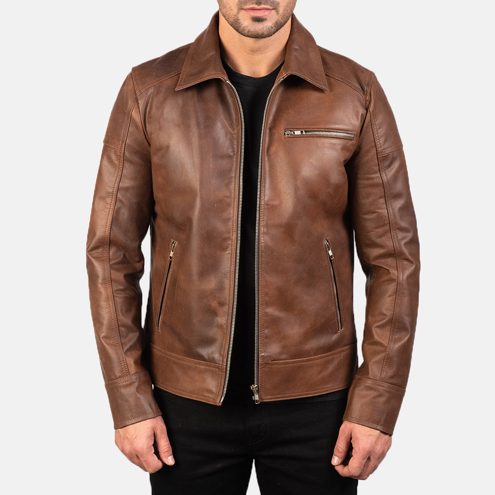 Men’s Brown Leather Casual Zip Jacket with Chest Pocket