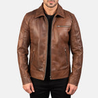 Men’s Brown Leather Casual Zip Jacket with Chest Pocket