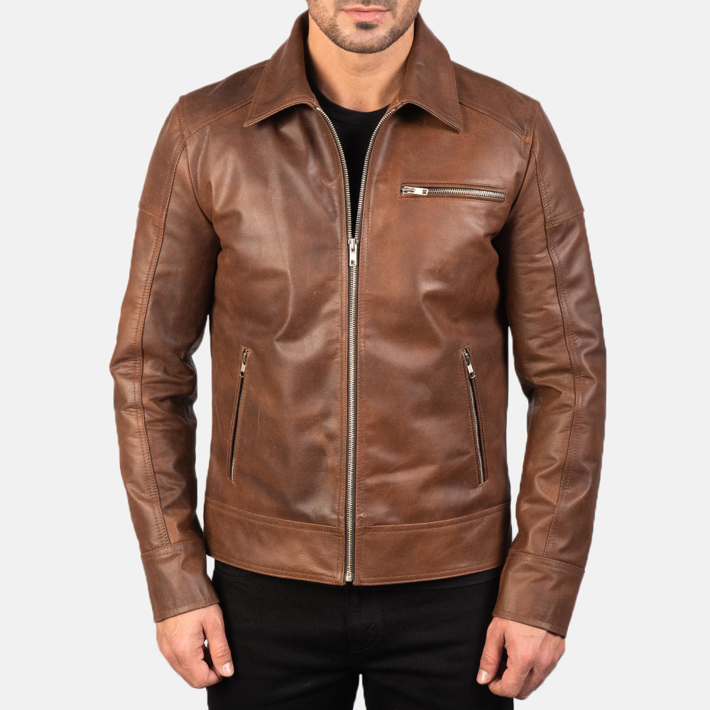 Men’s Brown Leather Casual Zip Jacket with Chest Pocket