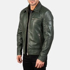 Men’s Olive Green Leather Jacket | Classic Casual Zip Style