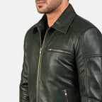 Men’s Olive Green Leather Jacket | Classic Casual Zip Style