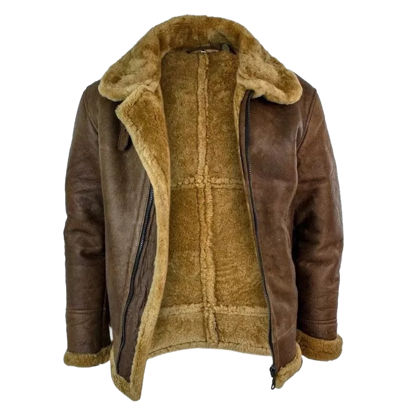 Men's Brown RAF Shearling Leather Jacket | Faux Sheepskin Lined Winter Coat