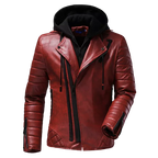 Men’s Red Moto Leather Jacket with Removable Hoodie – Quilted Biker Style