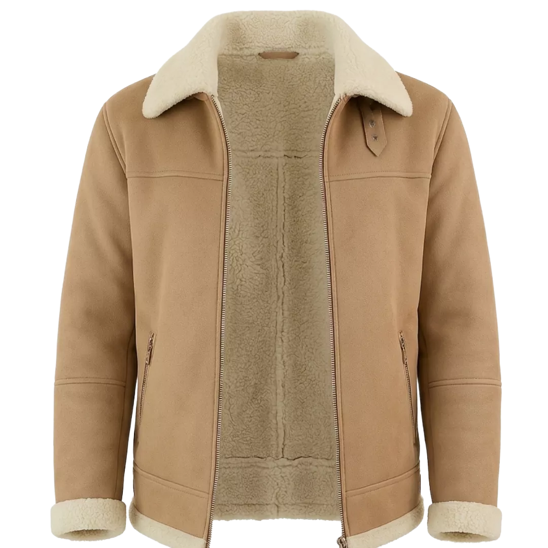 Men's Beige Shearling Leather Jacket | Premium Aviator Sheepskin Winter Coat