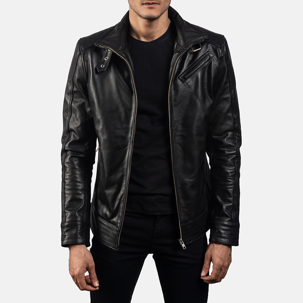 Men’s Black Leather Cafe Racer Jacket | Buckle Collar Biker Style