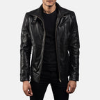 Men’s Black Leather Cafe Racer Jacket | Buckle Collar Biker Style