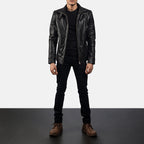 Men’s Black Leather Cafe Racer Jacket | Buckle Collar Biker Style