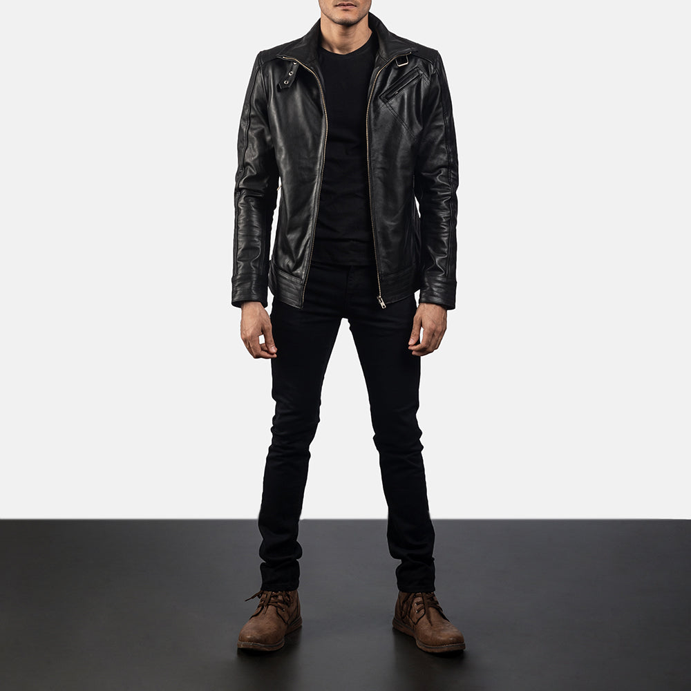Men’s Black Leather Cafe Racer Jacket | Buckle Collar Biker Style