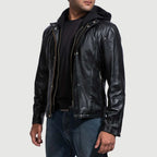 Men’s Black Leather Hooded Biker Jacket | Moto Style
