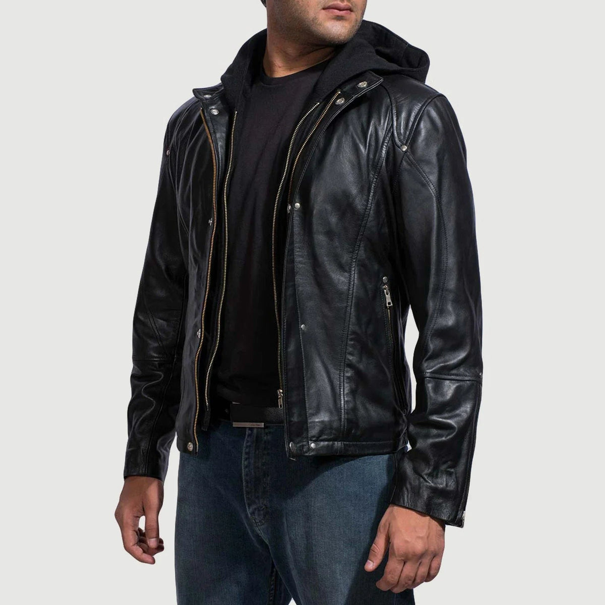 Men’s Black Leather Hooded Biker Jacket | Moto Style