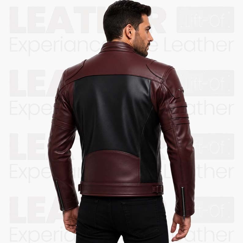Men's Burgundy Black Leather Jacket, Cafe Racer Motorcycle Jacket, Vintage Biker Leather Coat, Slim Fit Rider Jacket, Fashion Leather Jacket Gift for Him
