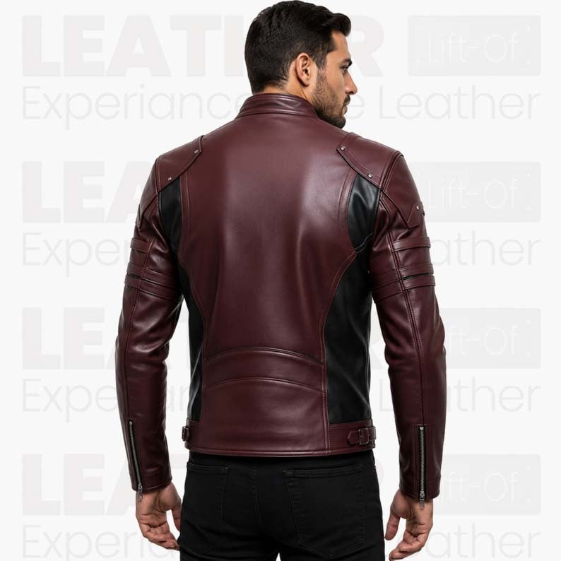Men's Burgundy Black Leather Jacket, Cafe Racer Motorcycle Jacket, Vintage Biker Leather Coat, Slim Fit Rider Jacket, Fashion Leather Jacket Gift for Him