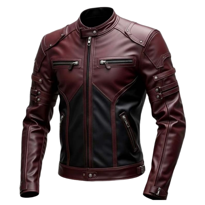 Men's Burgundy Black Leather Jacket, Cafe Racer Motorcycle Jacket, Vintage Biker Leather Coat, Slim Fit Rider Jacket, Fashion Leather Jacket Gift for Him