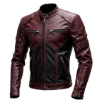 Men's Burgundy Black Leather Jacket, Cafe Racer Motorcycle Jacket, Vintage Biker Leather Coat, Slim Fit Rider Jacket, Fashion Leather Jacket Gift for Him