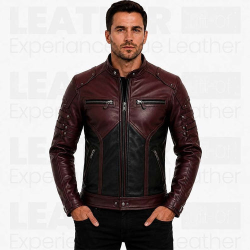Men's Burgundy Black Leather Jacket, Cafe Racer Motorcycle Jacket, Vintage Biker Leather Coat, Slim Fit Rider Jacket, Fashion Leather Jacket Gift for Him