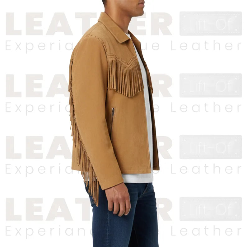 Men’s Tan Western Fringe Jacket | Cowboy Style Zip Front