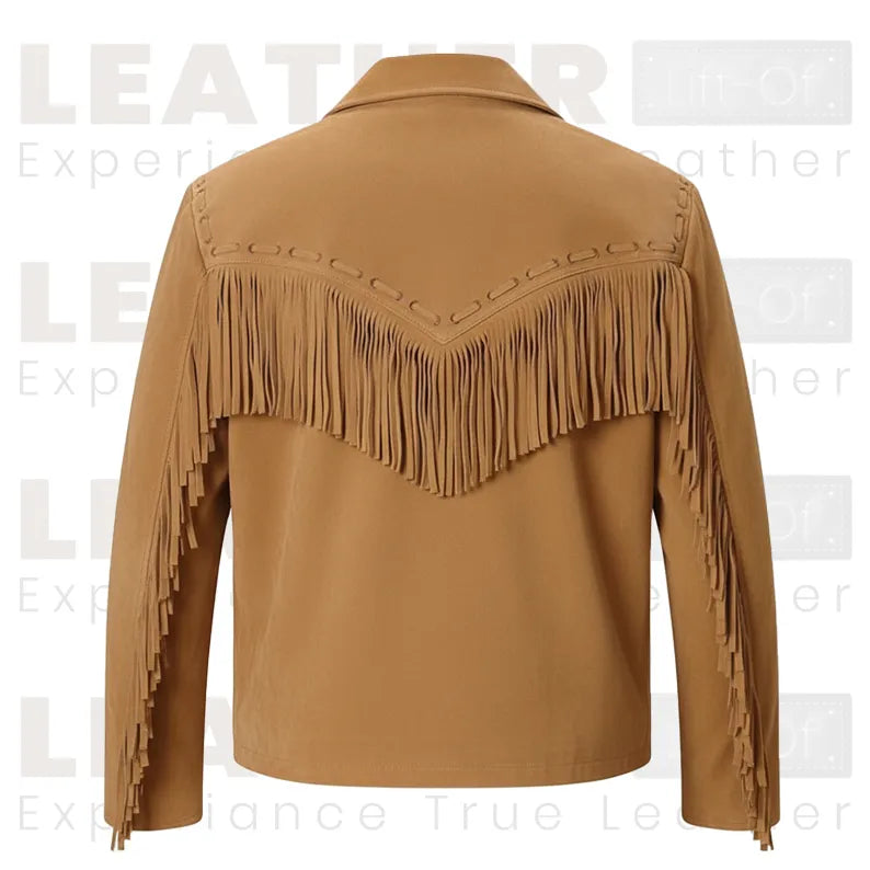Men’s Tan Western Fringe Jacket | Cowboy Style Zip Front