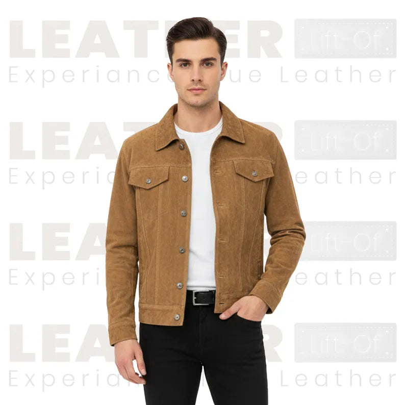 Men's Western Trucker Suede Leather Jacket – Classic Cowboy Style (Brown)