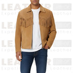 Men’s Tan Western Fringe Jacket | Cowboy Style Zip Front