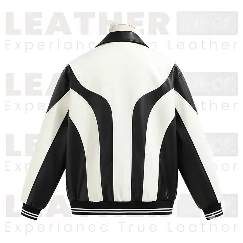 Men's Y2K PU Leather Color-Block Motorcycle Jacket – Black & White Streetwear Zip-Up