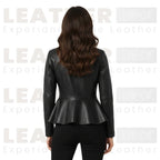 Women’s Premium Leather Peplum Jacket | High-Neck Tailored Silhouette