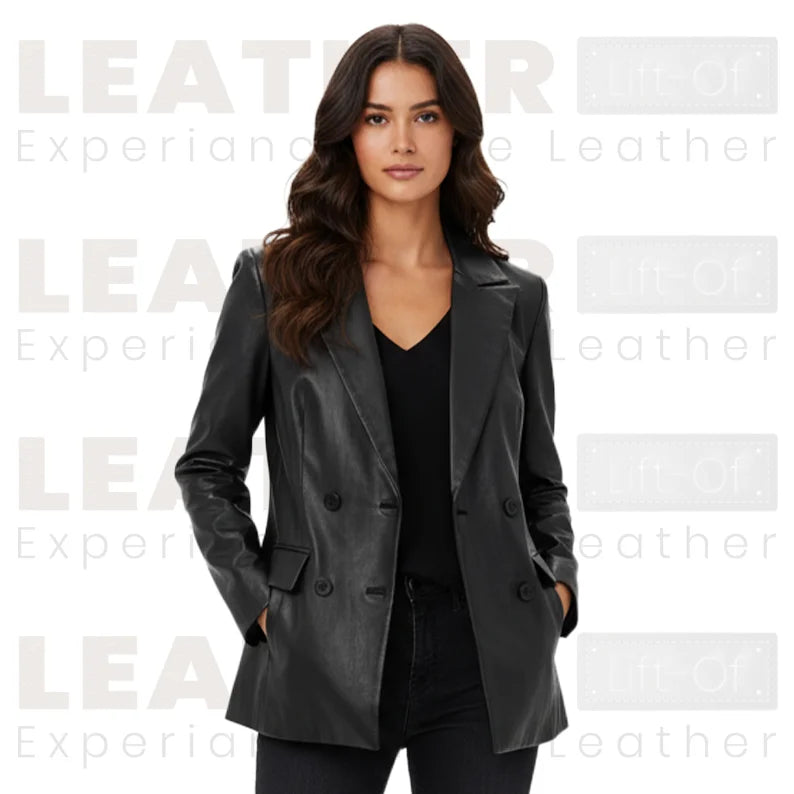 Women’s Leather Blazer Jacket | Black Double-Breasted Style