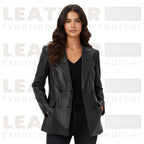 Women’s Leather Blazer Jacket | Black Double-Breasted Style