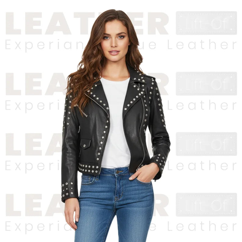Women’s Studded Biker Leather Jacket | Black Moto Style
