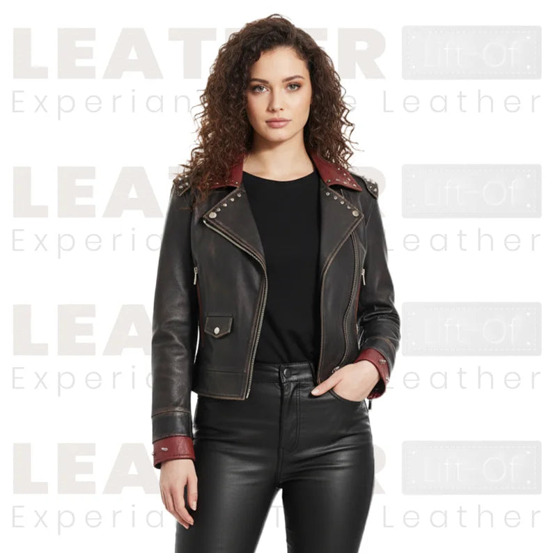 Women’s Battle-Red Vintage Biker Jacket | Dual Tone Leather Moto