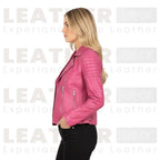 Women’s Quilted Pink Leather Motorcycle Jacket – Slim Fit Biker Style