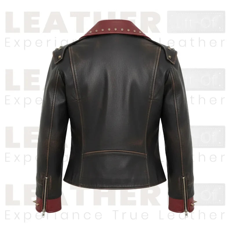 Women’s Battle-Red Vintage Biker Jacket | Dual Tone Leather Moto