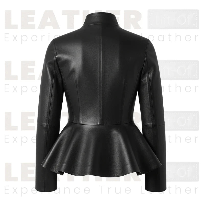 Women’s Premium Leather Peplum Jacket | High-Neck Tailored Silhouette