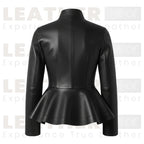 Women’s Premium Leather Peplum Jacket | High-Neck Tailored Silhouette
