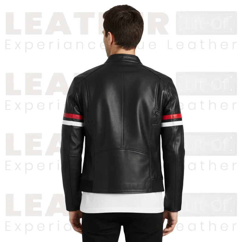 Men's Faux Leather Motorcycle Jacket – Red & White Stripe Biker Outwear