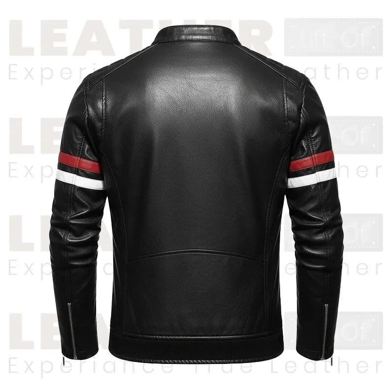 Men's Faux Leather Motorcycle Jacket – Red & White Stripe Biker Outwear