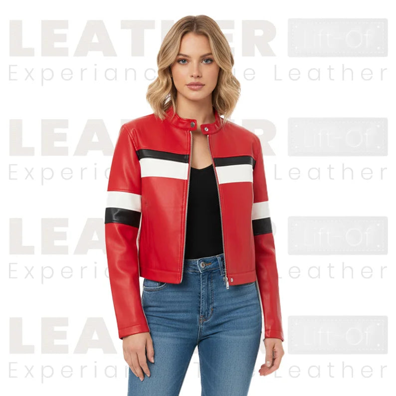 Women’s Red Cropped Moto Faux Leather Jacket | Stand Collar Style