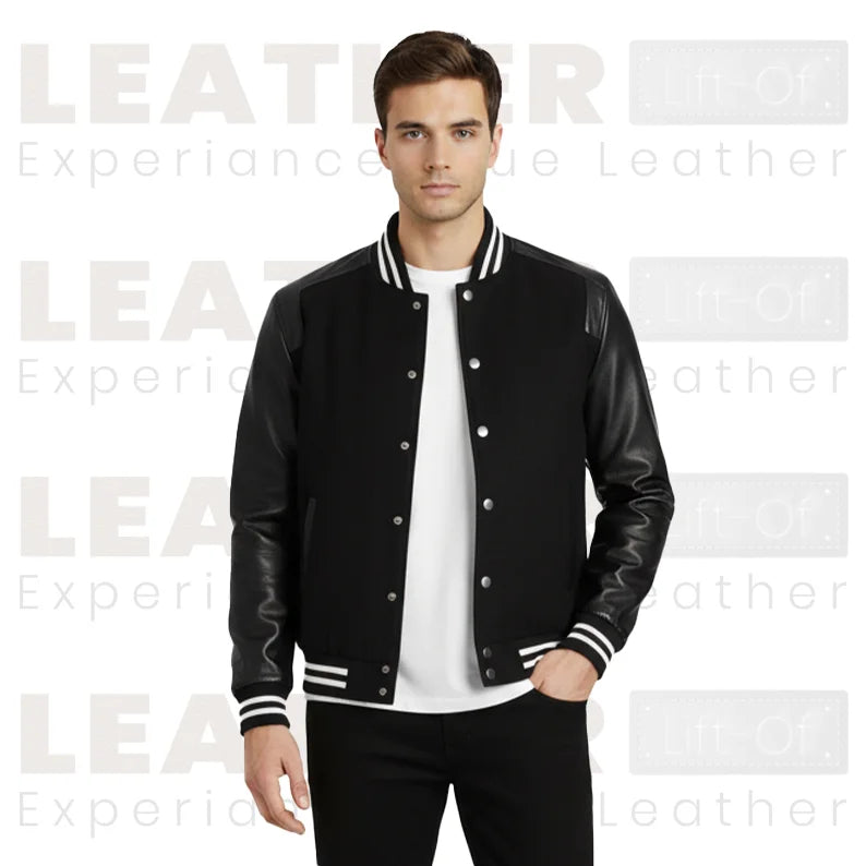 Classic Black Varsity Jacket with Premium Leather Sleeves