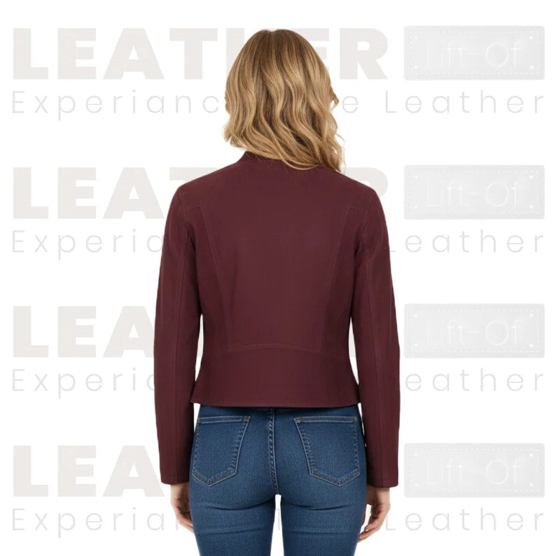 Women’s Burgundy Cropped Leather Jacket | Classic Zip Moto Style