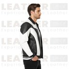 Men's Y2K PU Leather Color-Block Motorcycle Jacket – Black & White Streetwear Zip-Up