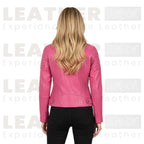 Women’s Quilted Pink Leather Motorcycle Jacket – Slim Fit Biker Style