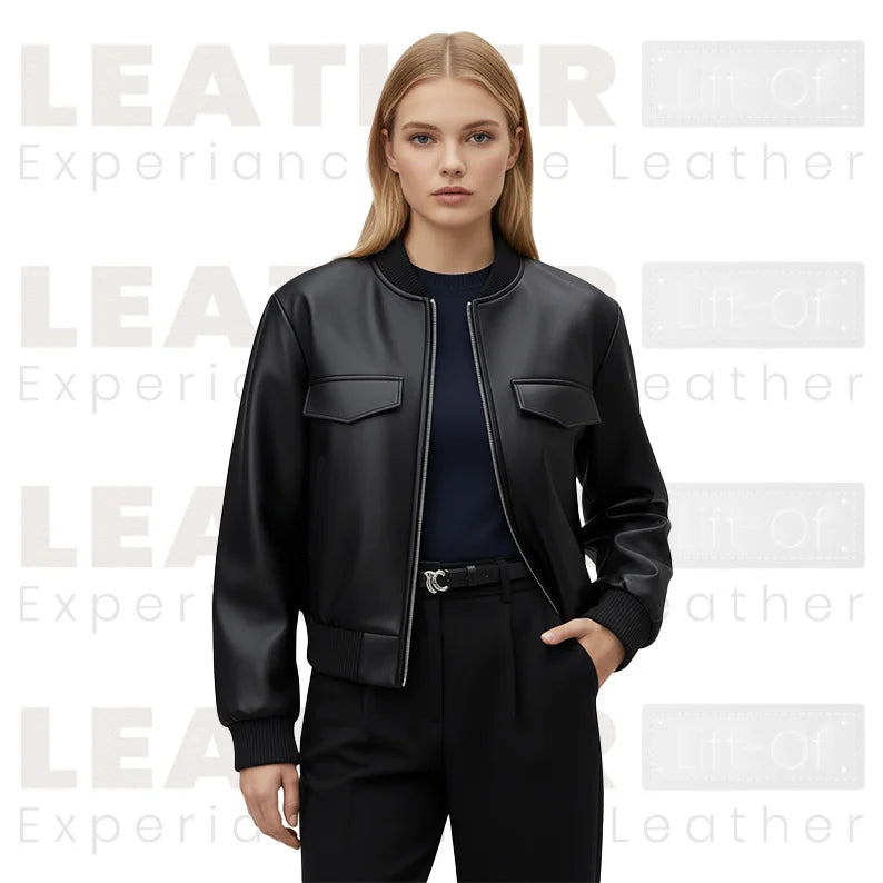 Women’s Minimal Faux Leather Bomber Jacket | Classic Black Everyday Style