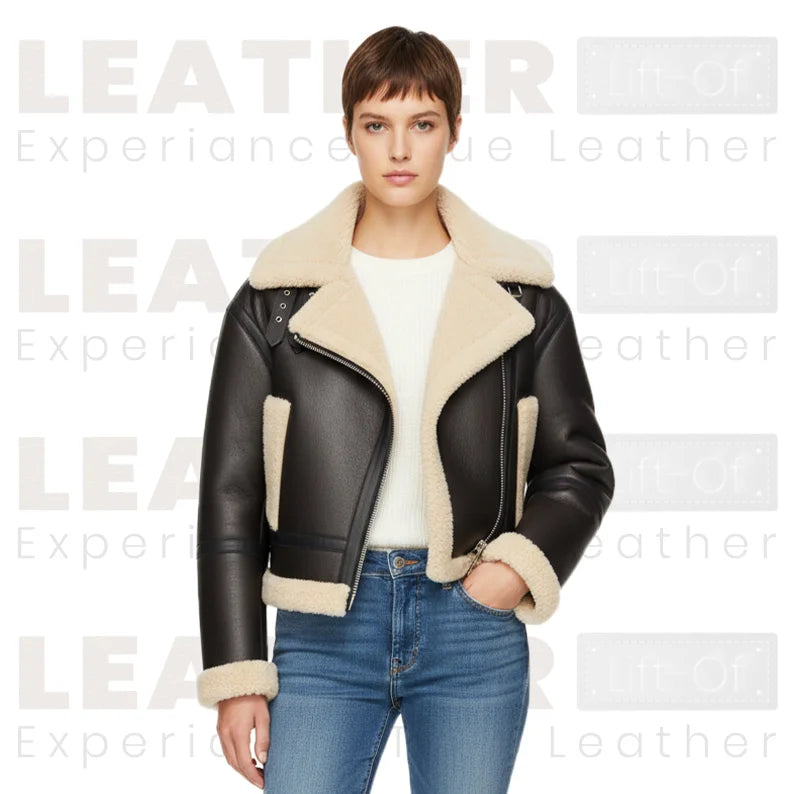 Women’s Shearling Collar Leather Jacket | Chocolate Brown Winter Coat