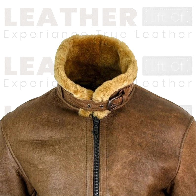 Men's Brown RAF Shearling Leather Jacket | Faux Sheepskin Lined Winter Coat