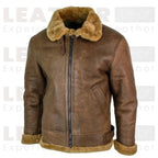 Men's Brown RAF Shearling Leather Jacket | Faux Sheepskin Lined Winter Coat