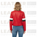 Women’s Red Cropped Moto Faux Leather Jacket | Stand Collar Style
